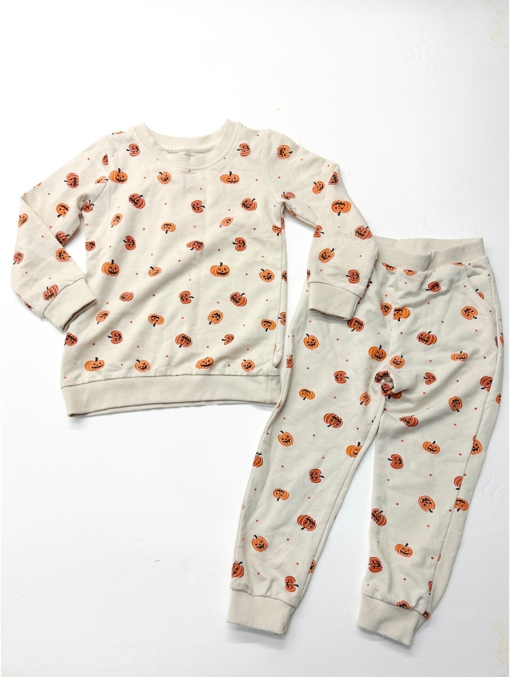 Planet Cotton 4T Unisex Kids Pumpkin Print Pajama Set Cream Halloween